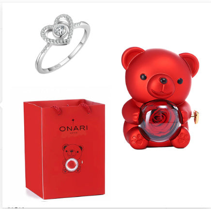 Eternal Rose Teddy Bear Gift Box with Rotating Jewelry Drawer