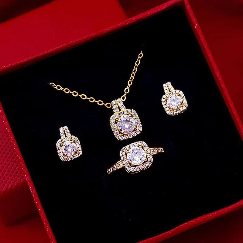 Gold Color Zircon Gem Jewelry Set - Necklace, Stud Earrings & Statement Ring