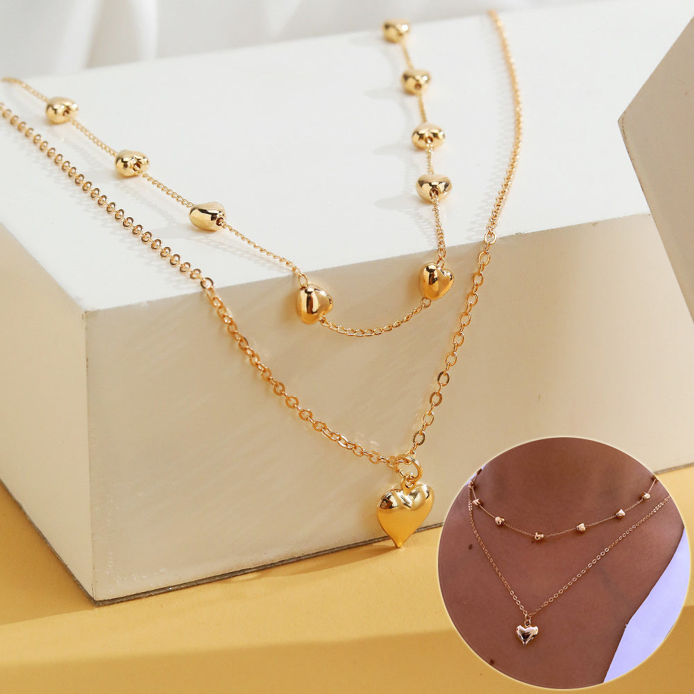 Double-Layer Heart Pendant Necklace - Gold Color Metal Fashion Jewelry