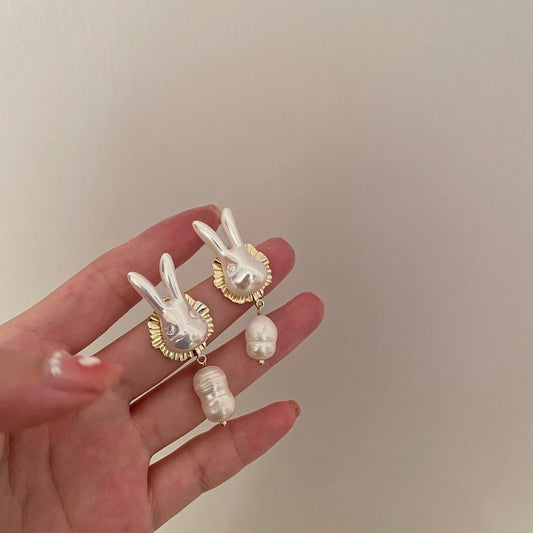 925 Silver Needle Cute Pearl Bunny Baroque Pearl Earrings