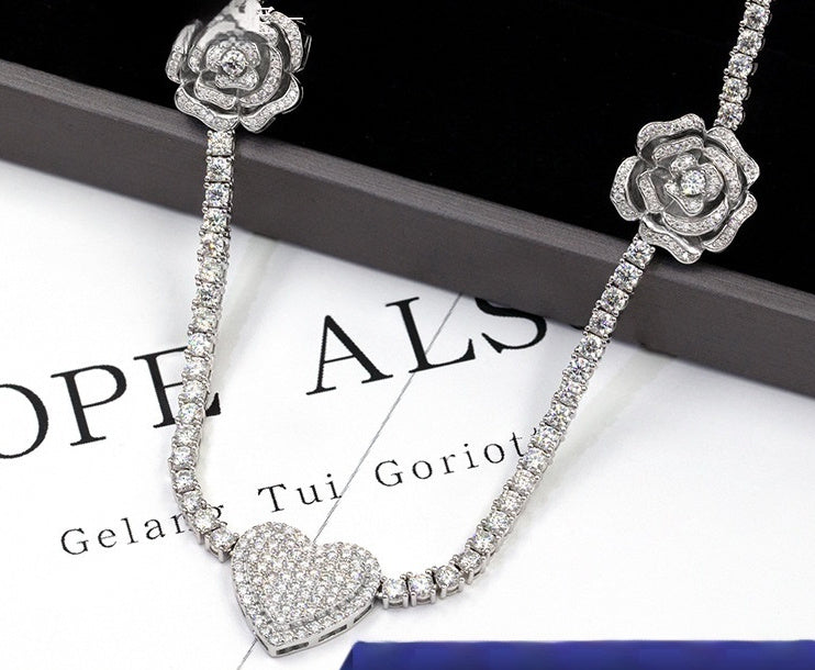 Exquisite 100% Authentic Moissanite Tennis Chain with Heart and Rose Design