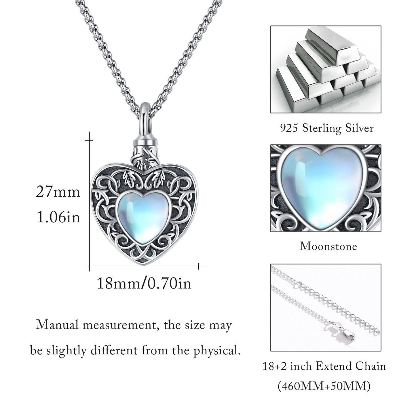 Cremation Ash Urn Moonstone Heart Necklace 925 Silver
