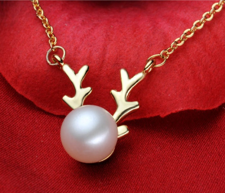 Deer Horn 14k Rose Gold Pearl Necklace
