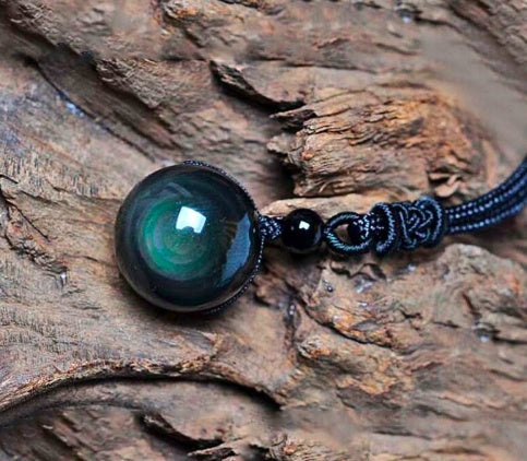 Natural Obsidian Rainbow Eye Good Luck Pendant Necklace