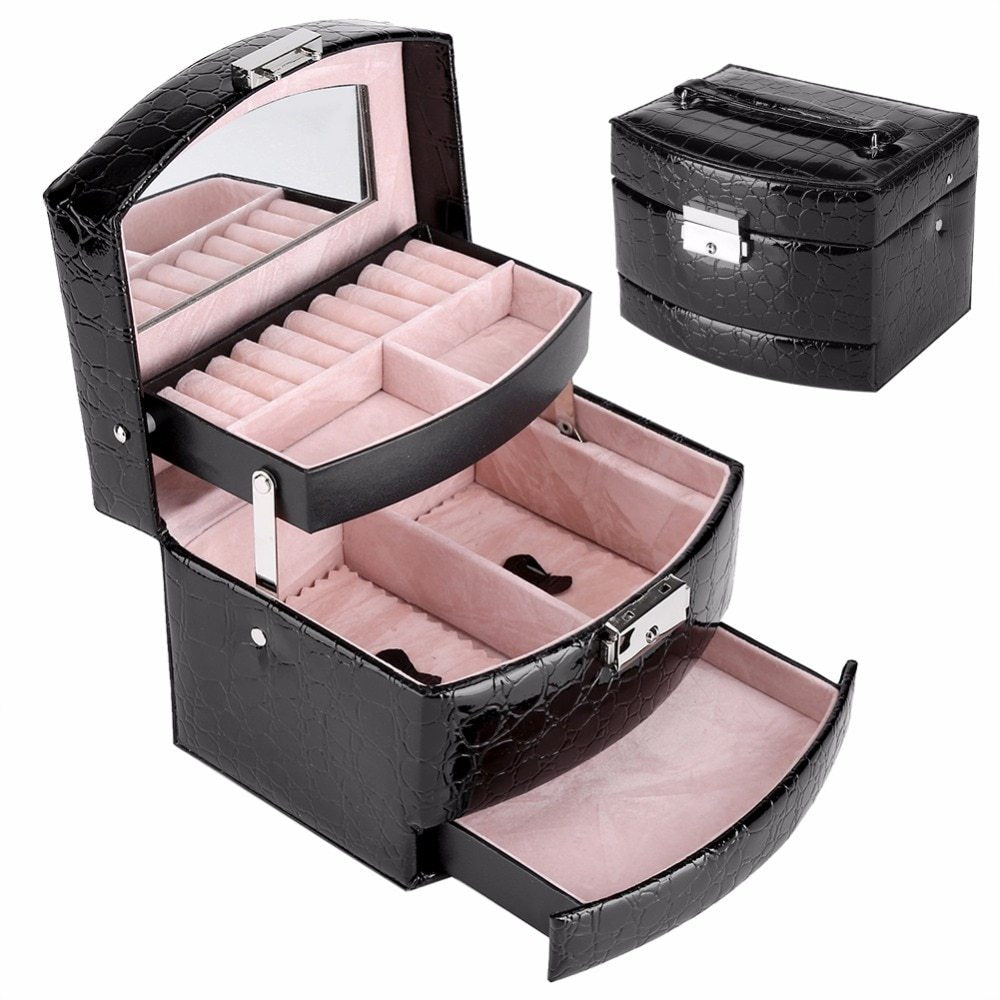 3-Layer Leather Jewelry & Makeup Organizer Box