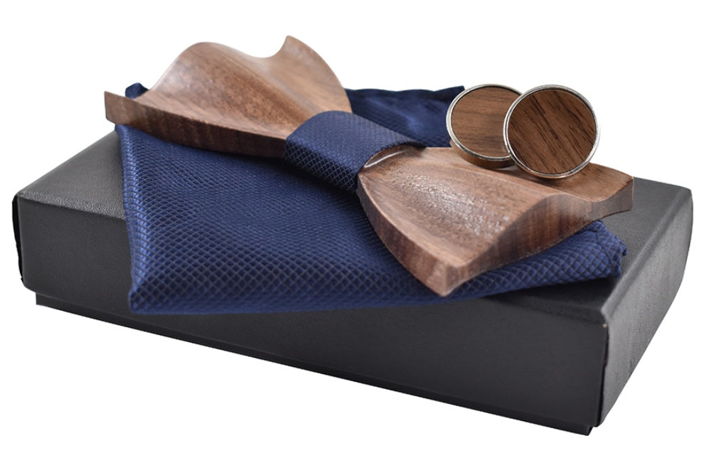 3D Wood Bow Tie Cufflinks Set