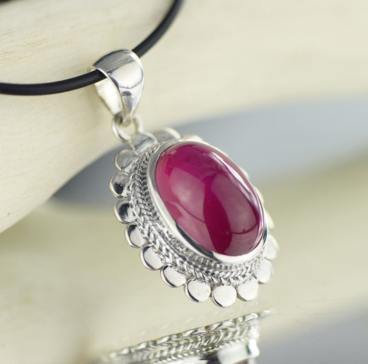 Silver Ruby Oval Gemstone Statement Pendant