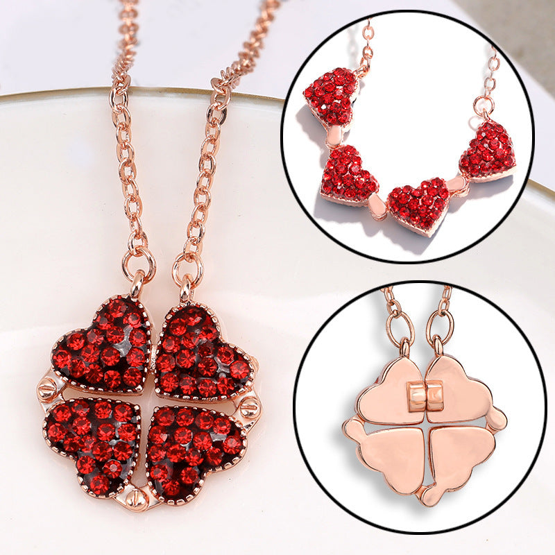 Magnetic Heart & Four-Leaf Clover Pendant Necklace