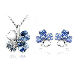 Lucky Four-Leaf Clover Crystal Necklace and Earrings Set