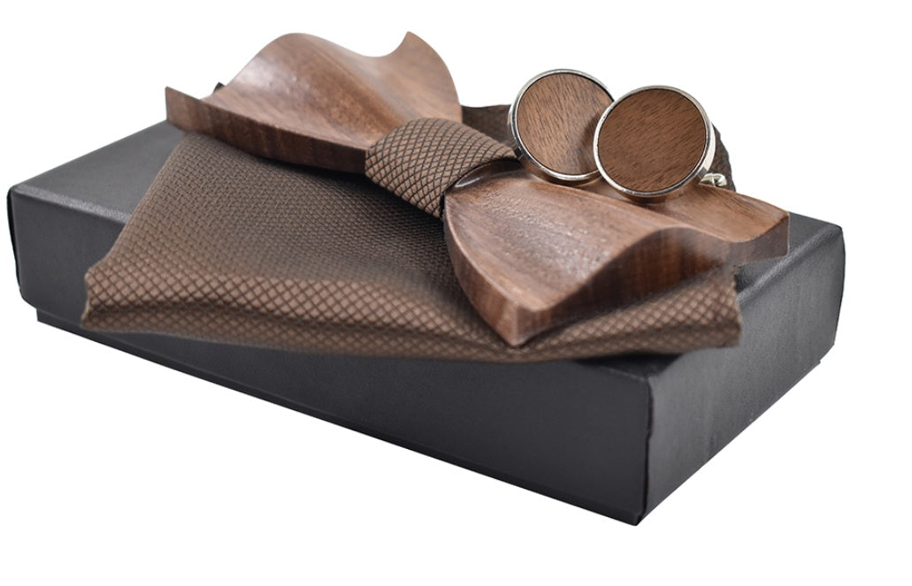 3D Wood Bow Tie Cufflinks Set