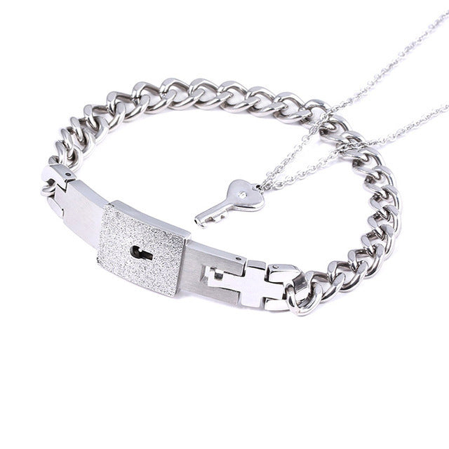 Fashionable Titanium Steel Couple Love Lock Jewelry Set