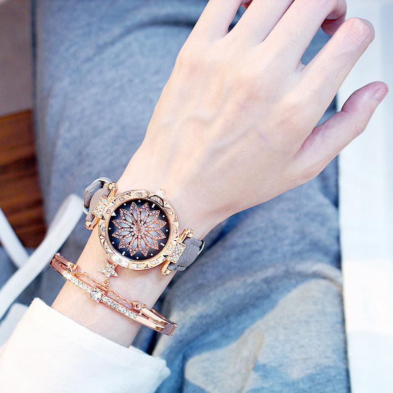 Trendy Rotating Quartz Watch & Crystal Bracelet Set for Ladies