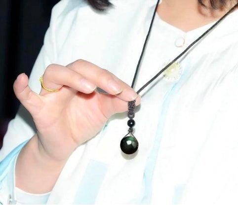Natural Obsidian Rainbow Eye Good Luck Pendant Necklace