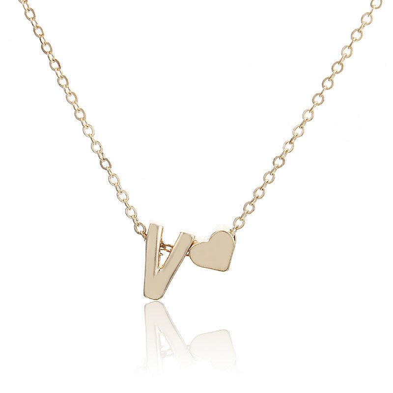Peach Heart Shaped Initial Necklace - Gold & Silver Clavicle Chain Pendant