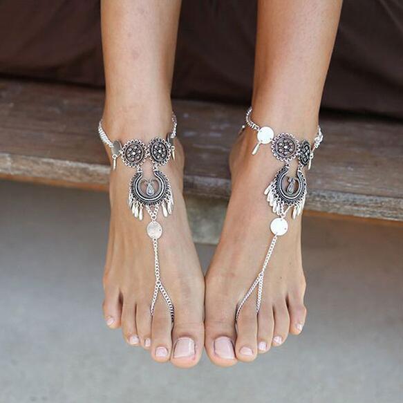 Vintage Layered Silver Toe Ring Anklet with Tassel & Boho Charms