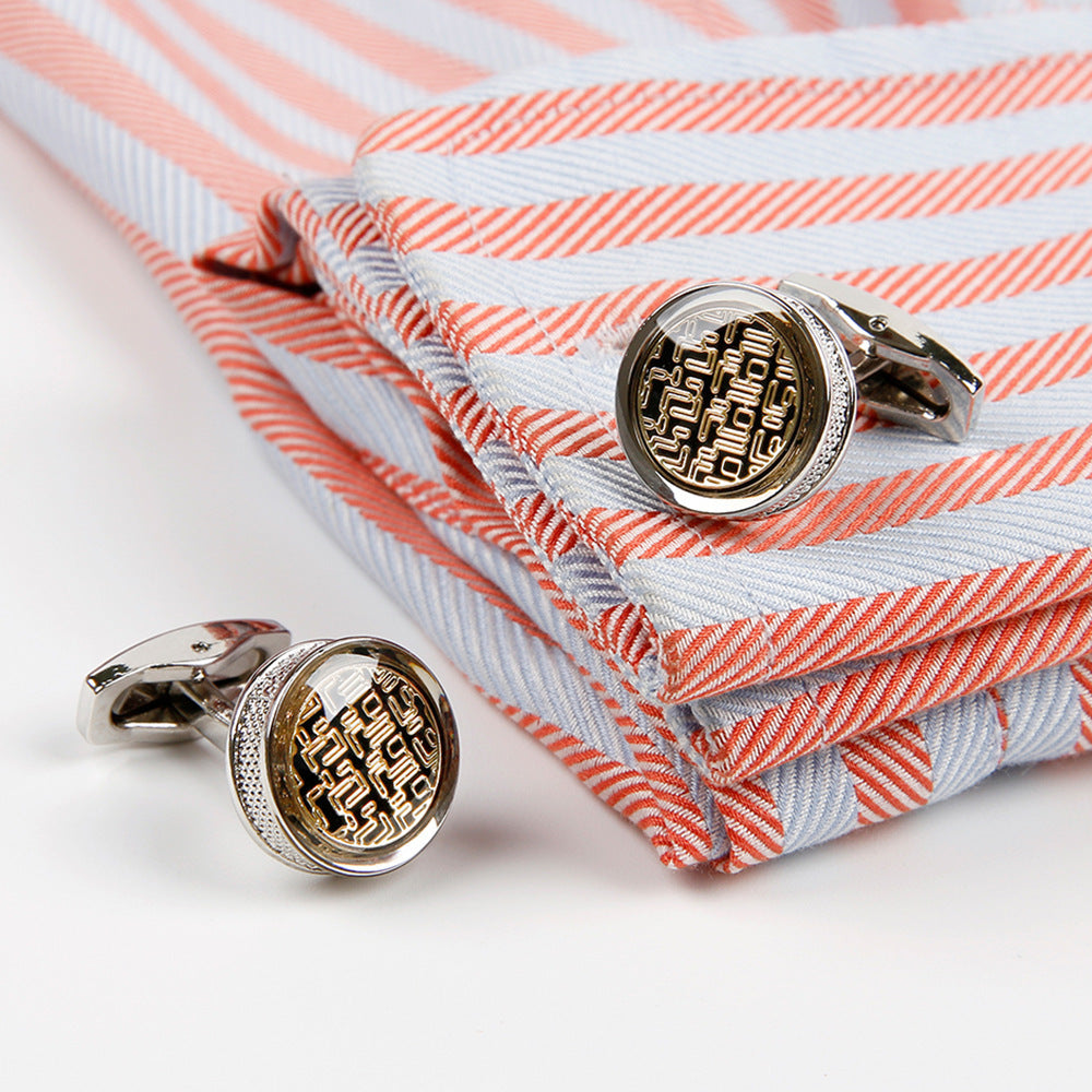 Men's Yellow Pattern Round Silver Cufflinks