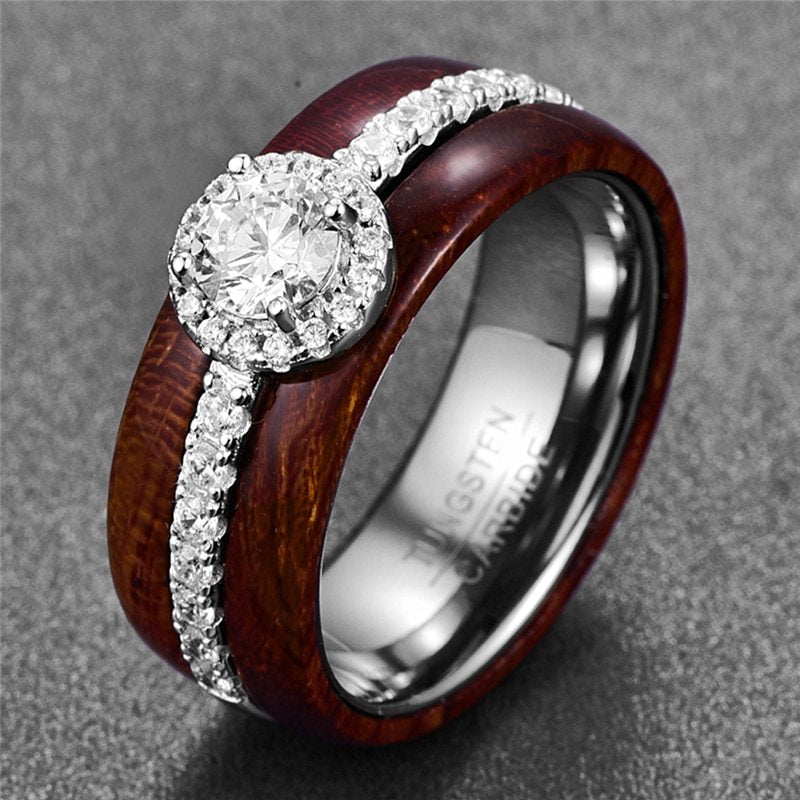Wooden Ring with Silver and Zircon Inlay