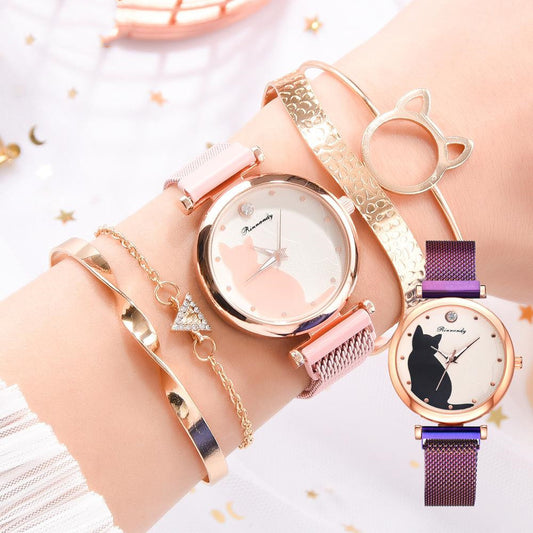 Women's 5-Piece Rose Gold Mesh Watch and Bracelet Set