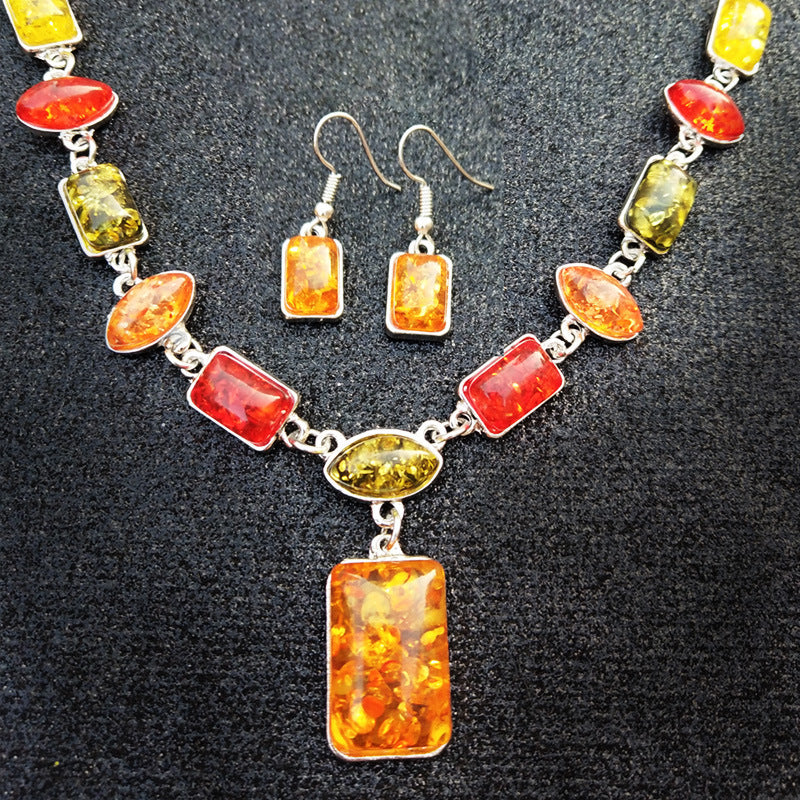 African Style Square Oval Amber Jewelry Set