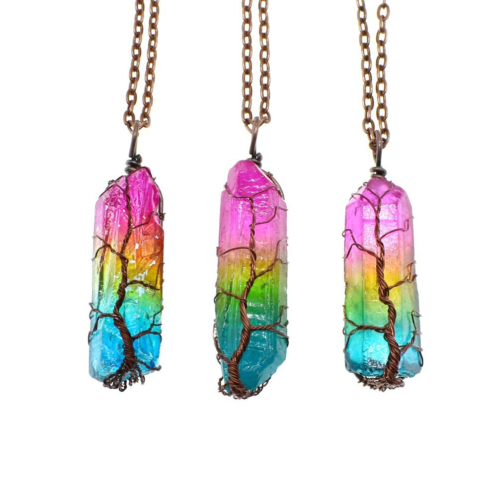 Stone Crystal Pillar Tree of Life Necklace