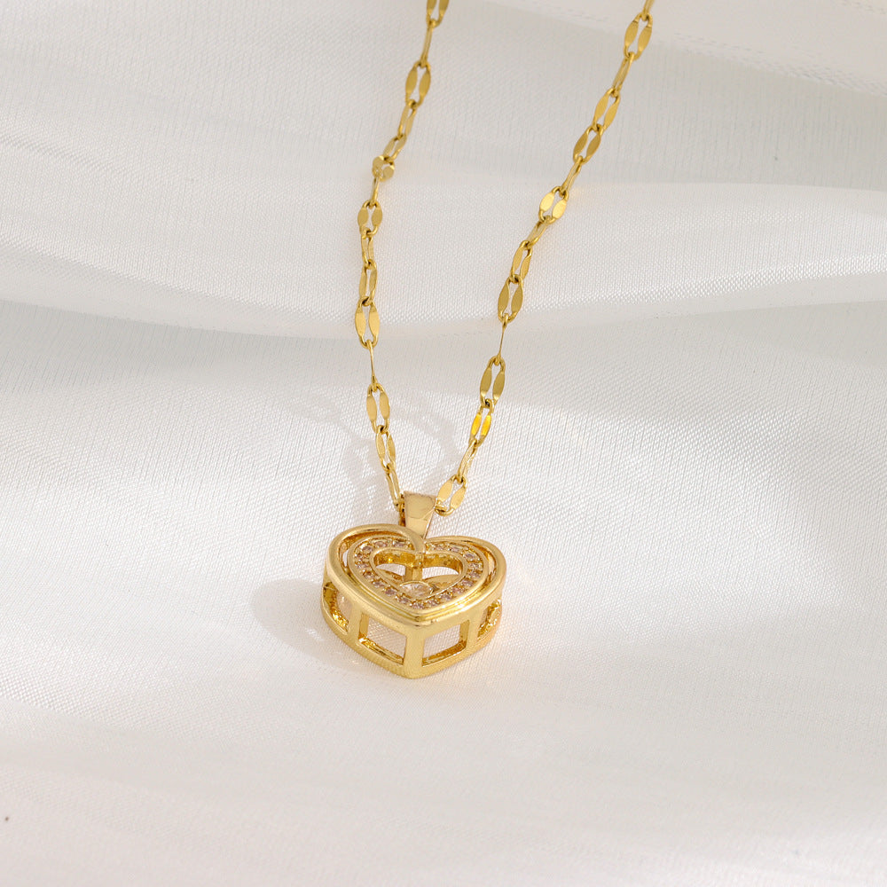 Double-Layer Heart Rhinestone Necklace - Titanium Steel Fashion Jewelry