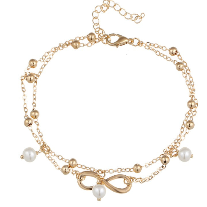 Infinity Double Layer Pearl Anklet - Gold & Silver