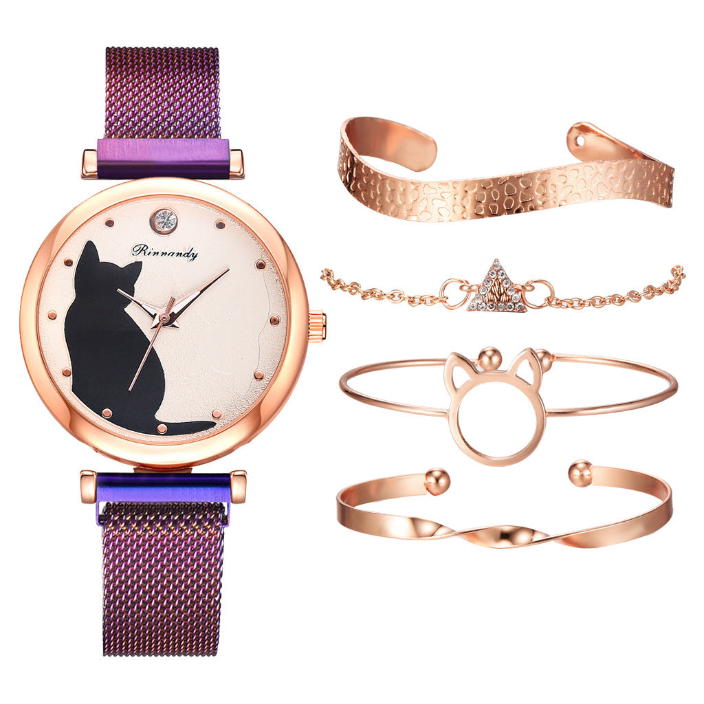 Women's 5-Piece Rose Gold Mesh Watch and Bracelet Set