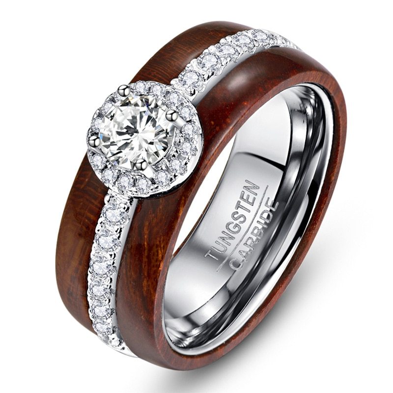 Wooden Ring with Silver and Zircon Inlay