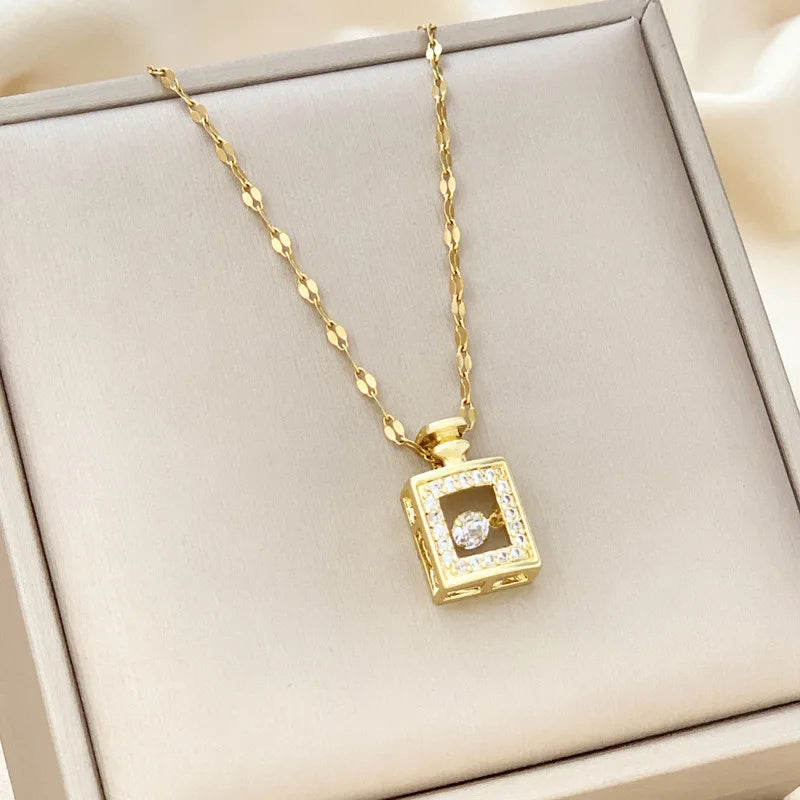 Titanium Steel Perfume Bottle Pendant Necklace - Trendy Zircon Charm