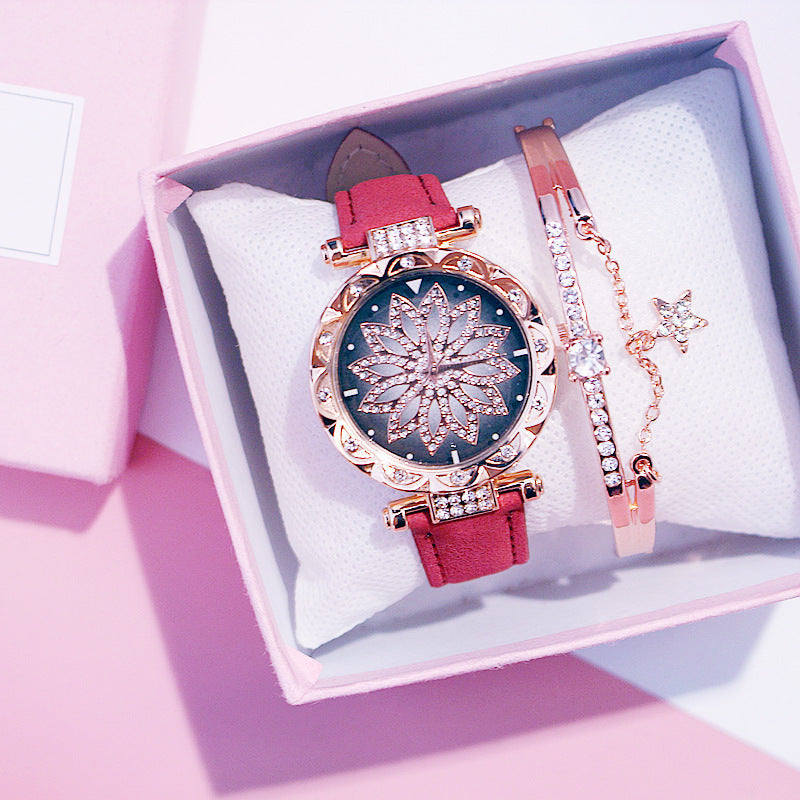 Trendy Rotating Quartz Watch & Crystal Bracelet Set for Ladies