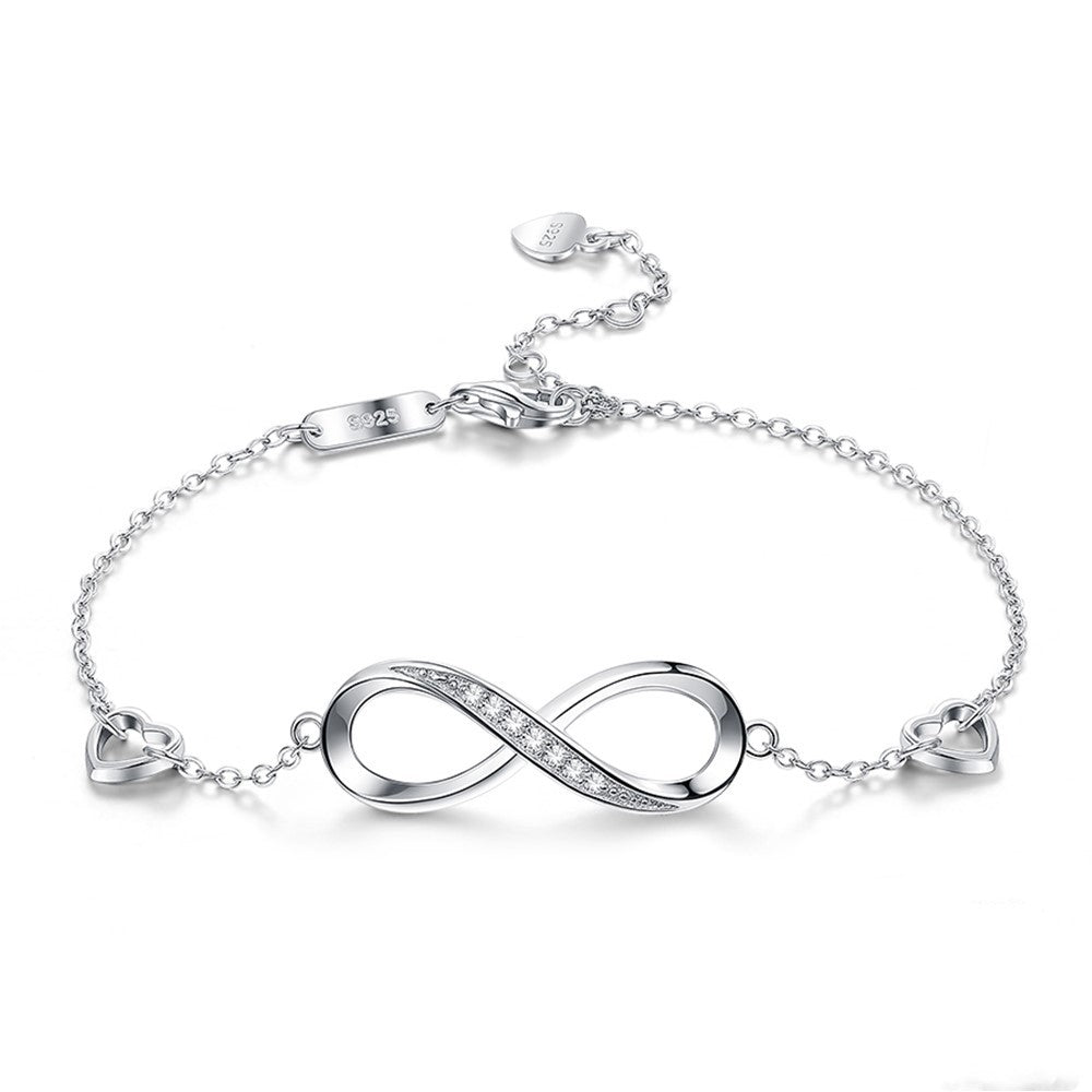 Infinity Bracelet with Hearts 925 Sterling Silver Zirconia