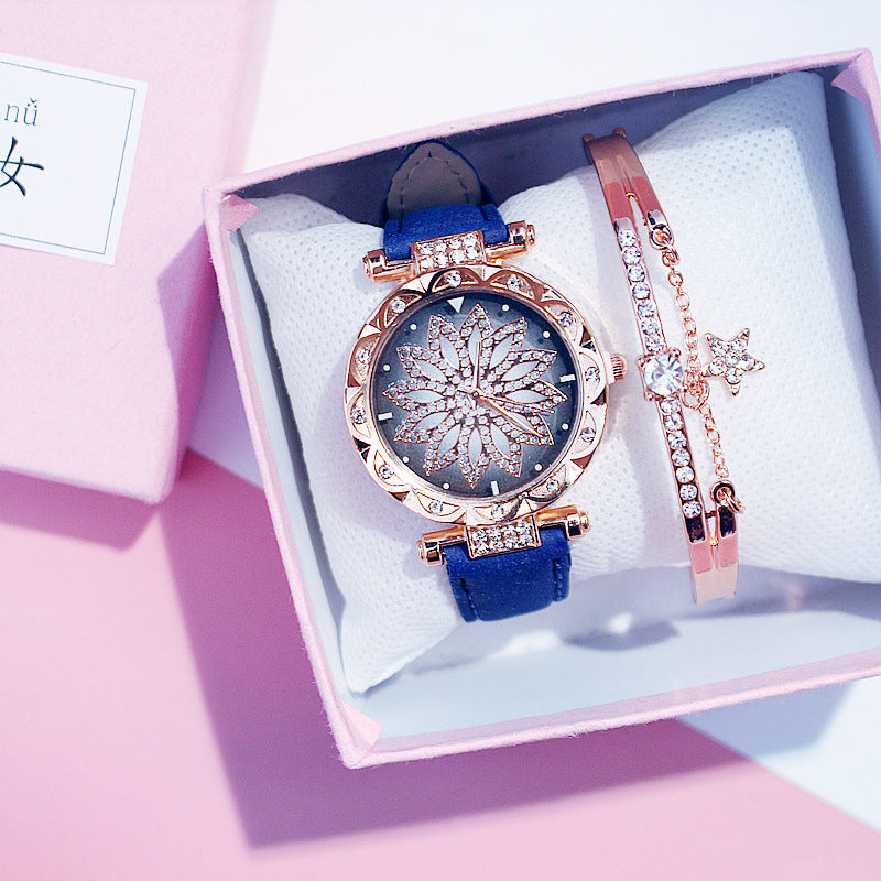 Trendy Rotating Quartz Watch & Crystal Bracelet Set for Ladies