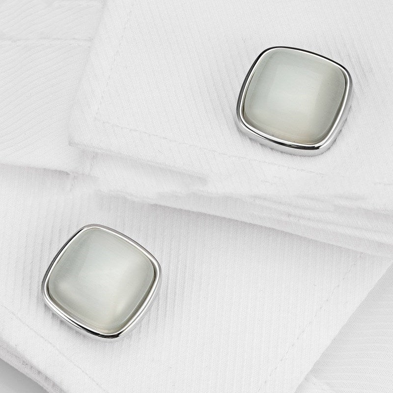 Men's Cat's Eye Stone Cufflinks: Silver & White Opal