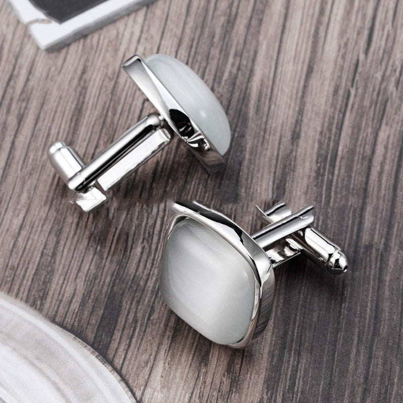 Men's Cat's Eye Stone Cufflinks: Silver & White Opal