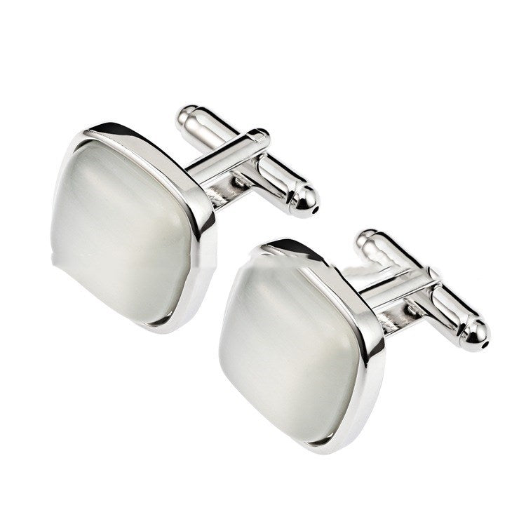 Men's Cat's Eye Stone Cufflinks: Silver & White Opal