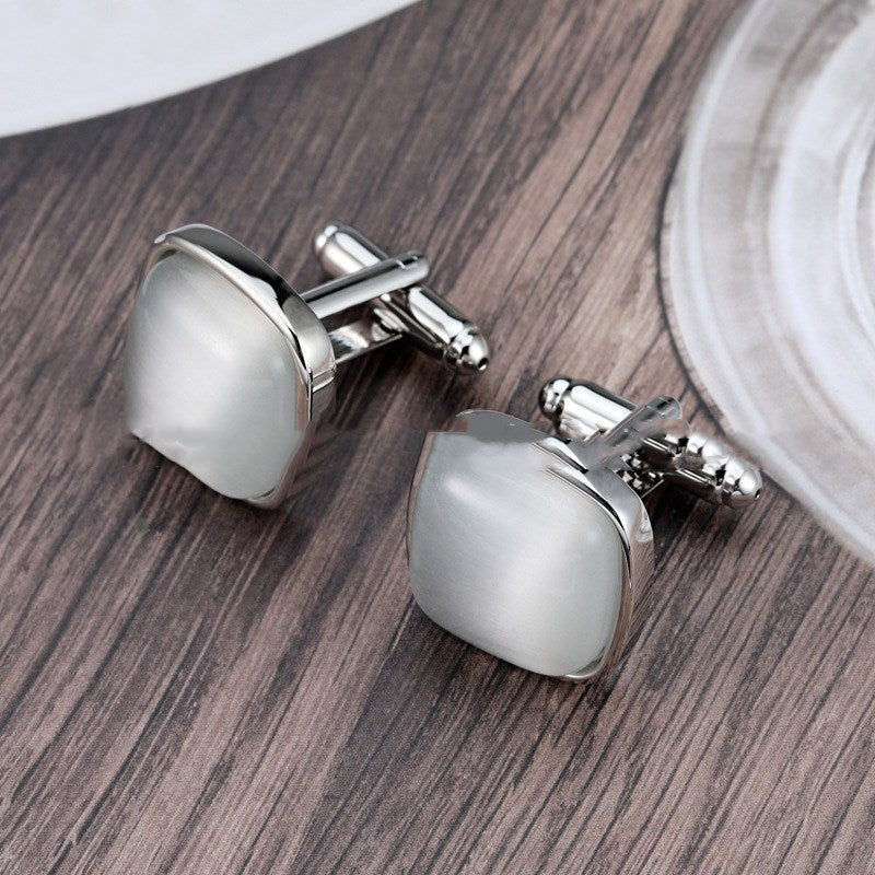 Men's Cat's Eye Stone Cufflinks: Silver & White Opal