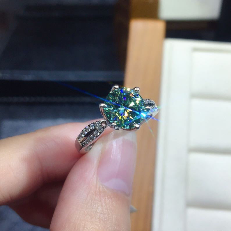 Blue Green Moissanite Adjustable Ring