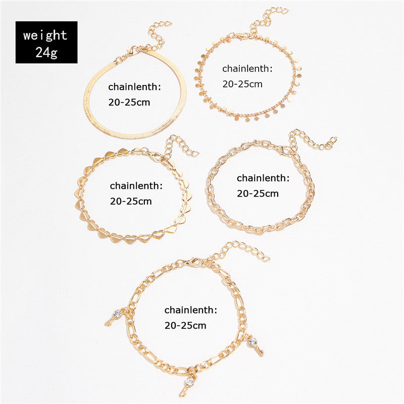 5 Pcs Women's Fashion Gold Color Heart Crystal Key Anklet Set