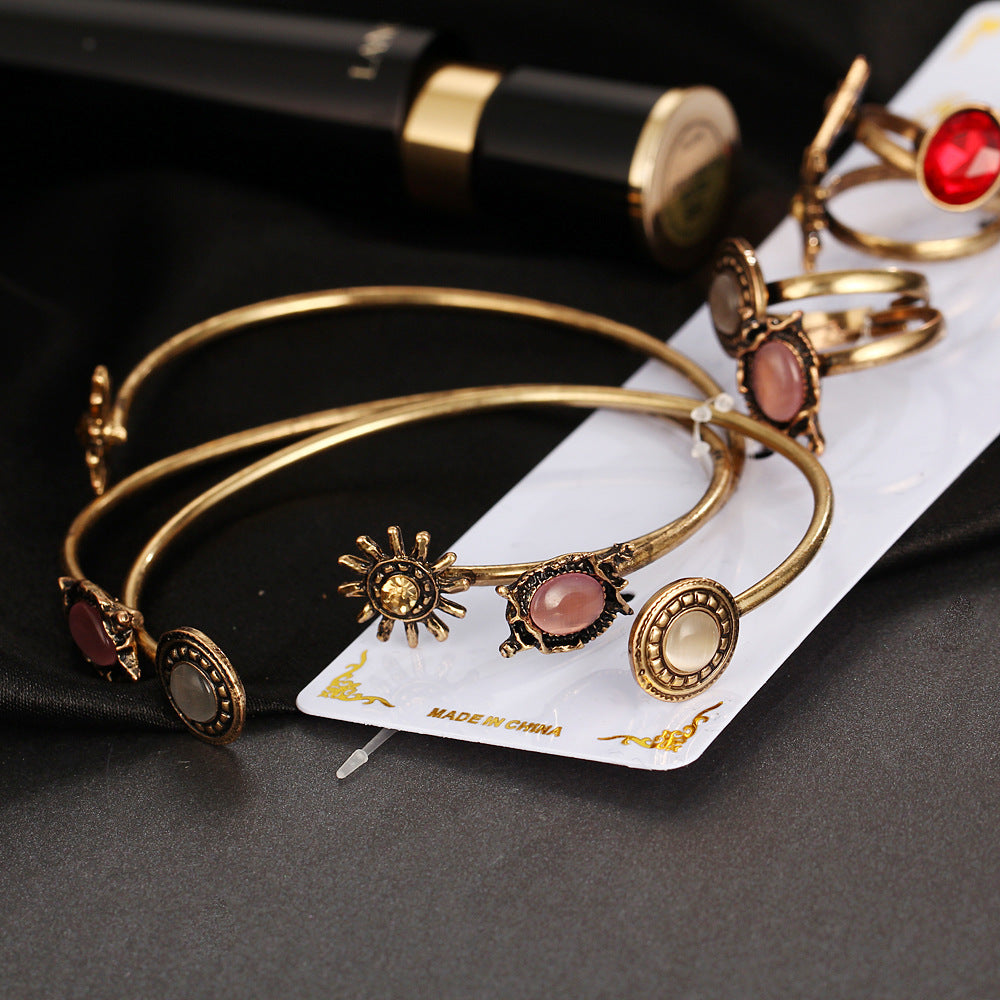 Vintage Floral Open Bracelet Ring Set