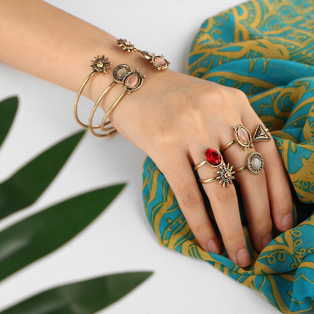 Vintage Floral Open Bracelet Ring Set