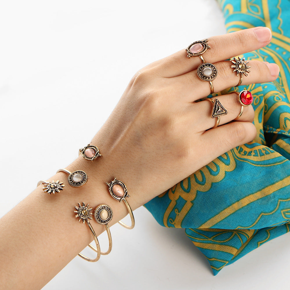 Vintage Floral Open Bracelet Ring Set