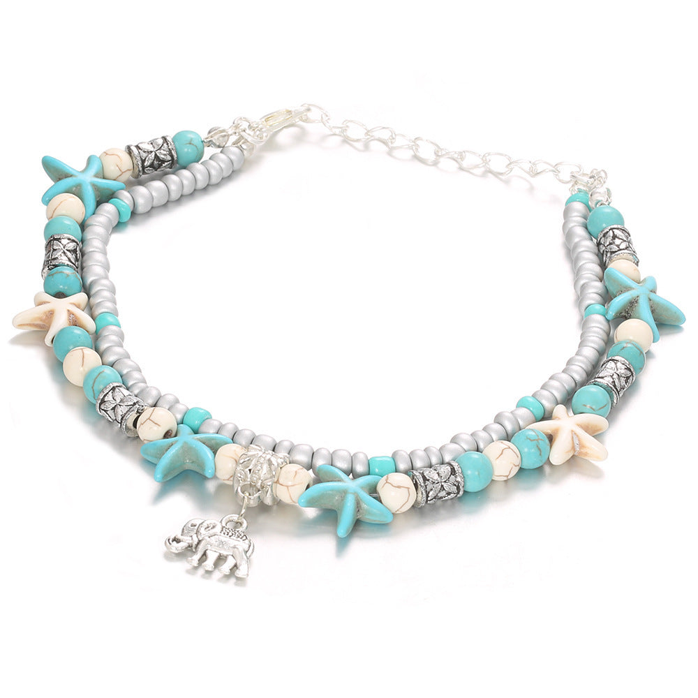 Boho Multi-Layered Turquoise Starfish & Sea Bead Anklet