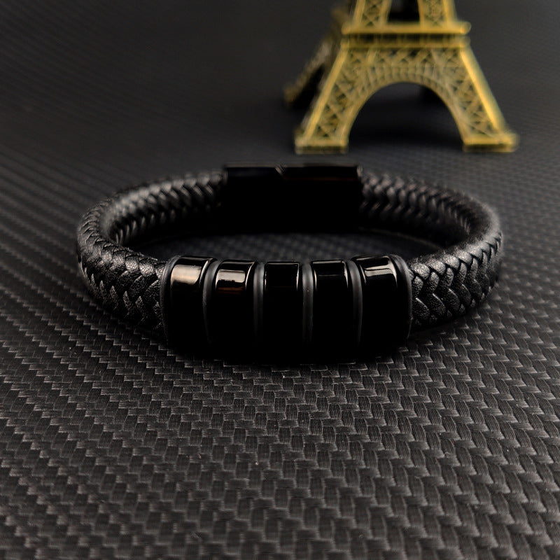 Custom Engraved Leather and Steel Bracelet
