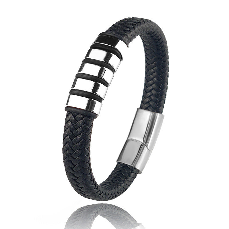 Custom Engraved Leather and Steel Bracelet