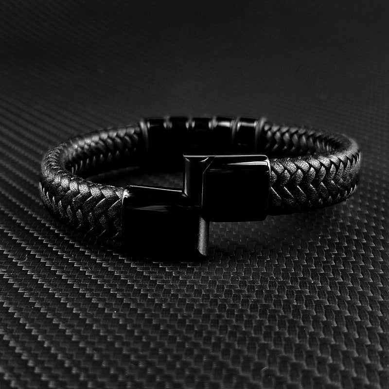 Custom Engraved Leather and Steel Bracelet
