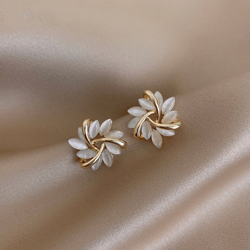 Opal Sun Flower Stud Earrings: Rhinestone & Emerald Cut Enamel