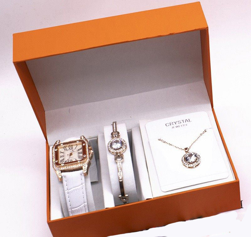 Stylish Leather Strap Watch & Jewelry Ensemble
