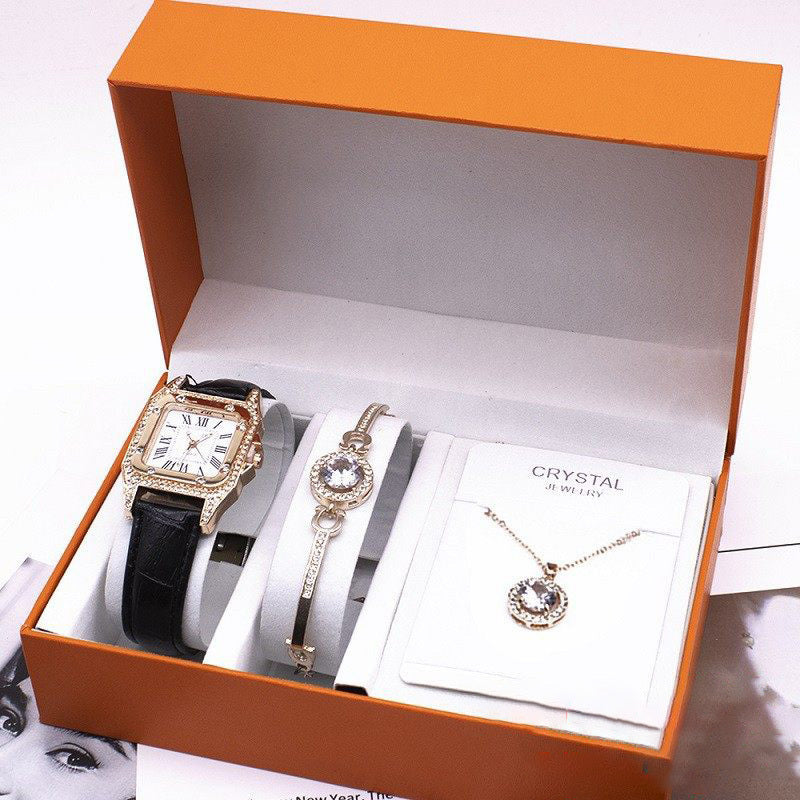 Stylish Leather Strap Watch & Jewelry Ensemble