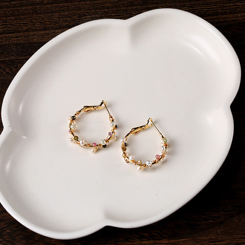 Enchanting Fusion: Natural Crystal & Pearl Hoop Earrings