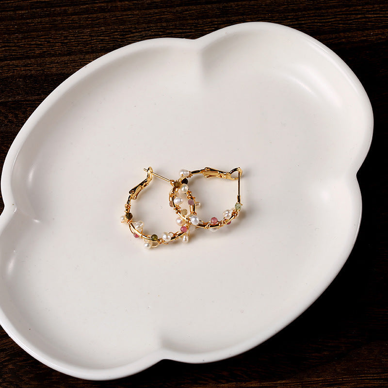 Enchanting Fusion: Natural Crystal & Pearl Hoop Earrings